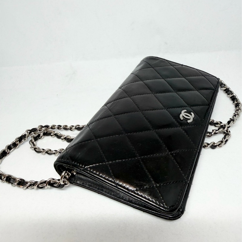 香奈兒 長夾 黑色皮革 亮面皮 腋下包 斜背包 斜挎包 皮革 側背包 斜挎包 斜背包 鏈條包 chanel black wallet  bag/crossbody bag-13