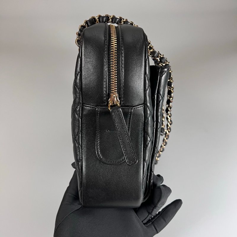 CHANEL 菱格肩背包牛皮黑 保卡款26開-3