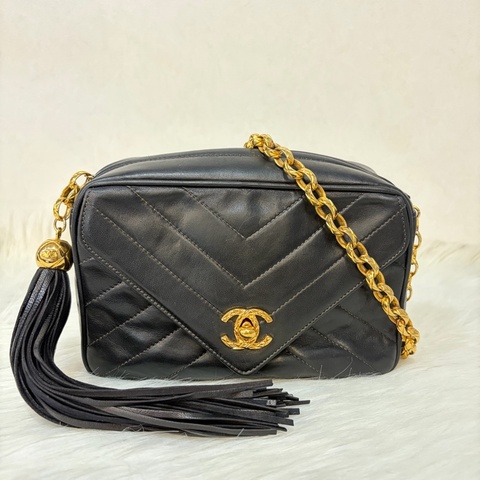 CHANEL 黑羊皮 金球 雕花鍊 流蘇 方包 相機包 斜背包 前口袋 老香 vintage