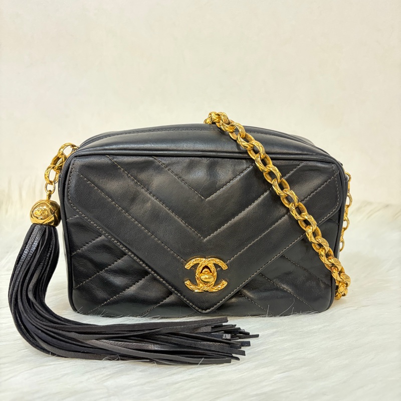 CHANEL 黑羊皮 金球 雕花鍊 流蘇 方包 相機包 斜背包 前口袋 老香 vintage-0