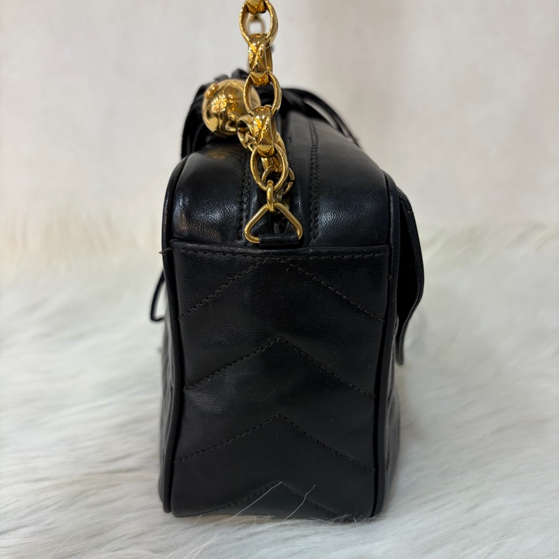 CHANEL 黑羊皮 金球 雕花鍊 流蘇 方包 相機包 斜背包 前口袋 老香 vintage-2