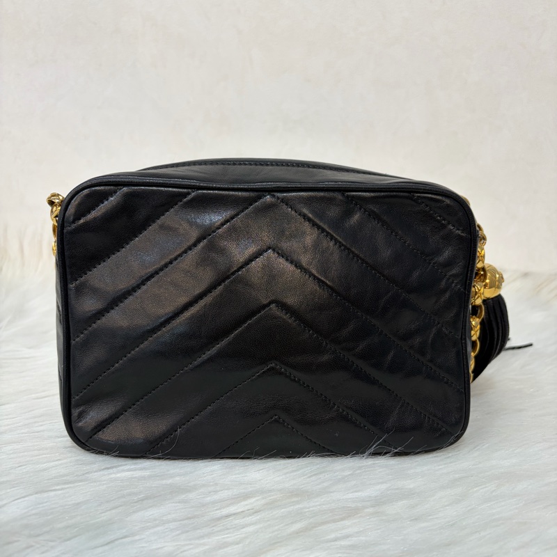 CHANEL 黑羊皮 金球 雕花鍊 流蘇 方包 相機包 斜背包 前口袋 老香 vintage-3