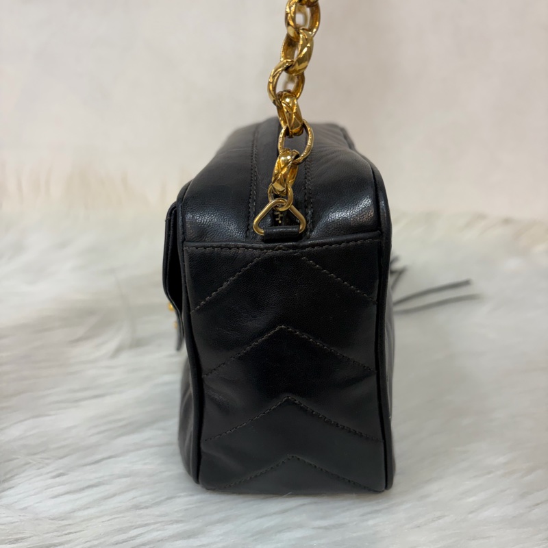 CHANEL 黑羊皮 金球 雕花鍊 流蘇 方包 相機包 斜背包 前口袋 老香 vintage-4