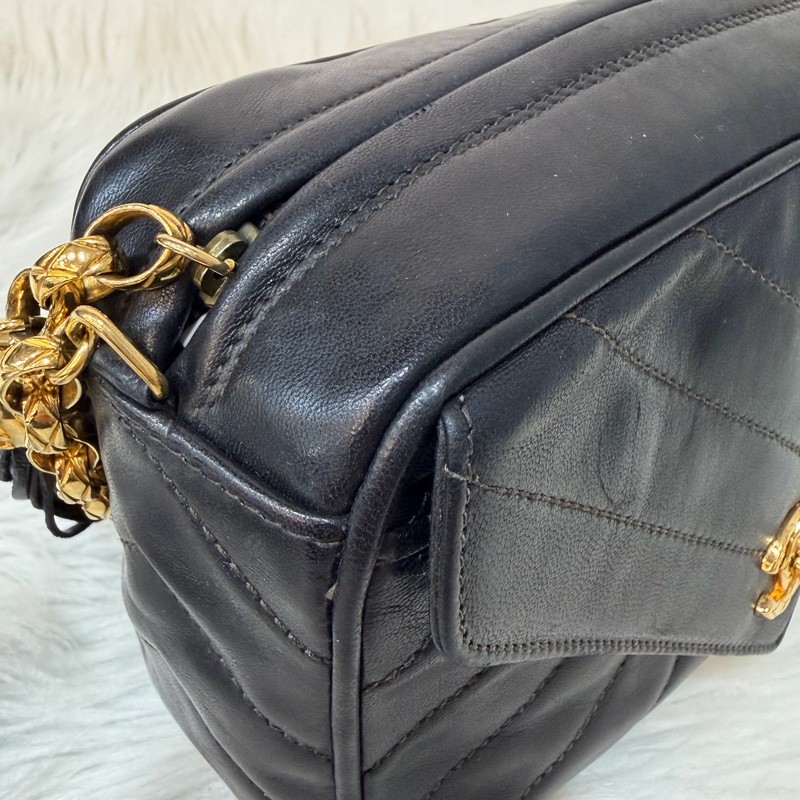 CHANEL 黑羊皮 金球 雕花鍊 流蘇 方包 相機包 斜背包 前口袋 老香 vintage-13