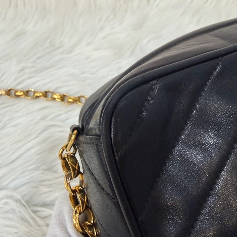 CHANEL 黑羊皮 金球 雕花鍊 流蘇 方包 相機包 斜背包 前口袋 老香 vintage-18