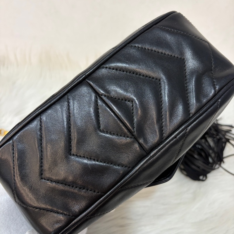 CHANEL 黑羊皮 金球 雕花鍊 流蘇 方包 相機包 斜背包 前口袋 老香 vintage-19