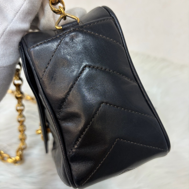 CHANEL 黑羊皮 金球 雕花鍊 流蘇 方包 相機包 斜背包 前口袋 老香 vintage-20