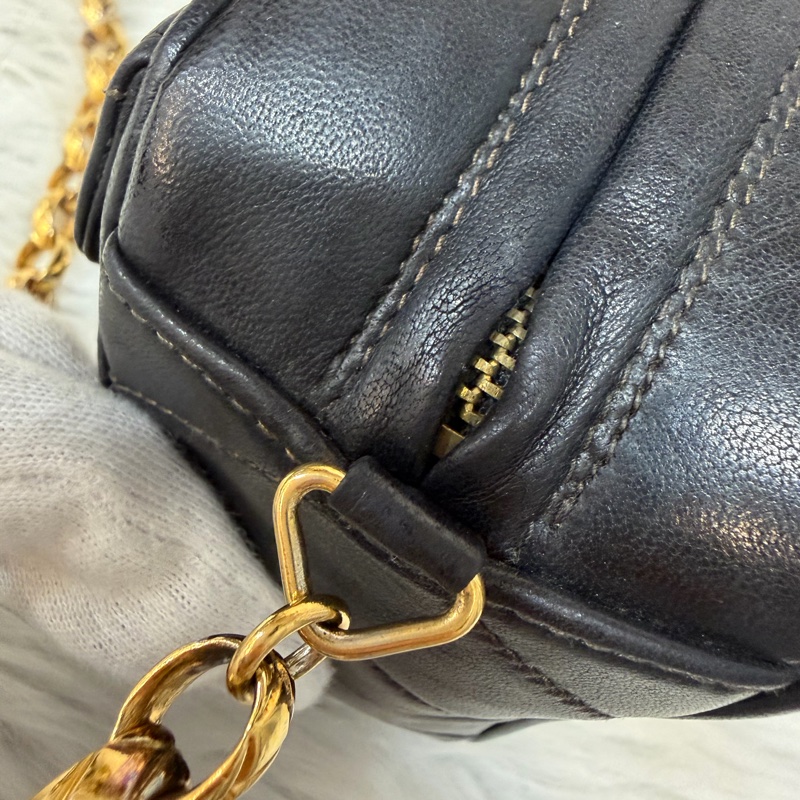 CHANEL 黑羊皮 金球 雕花鍊 流蘇 方包 相機包 斜背包 前口袋 老香 vintage-22