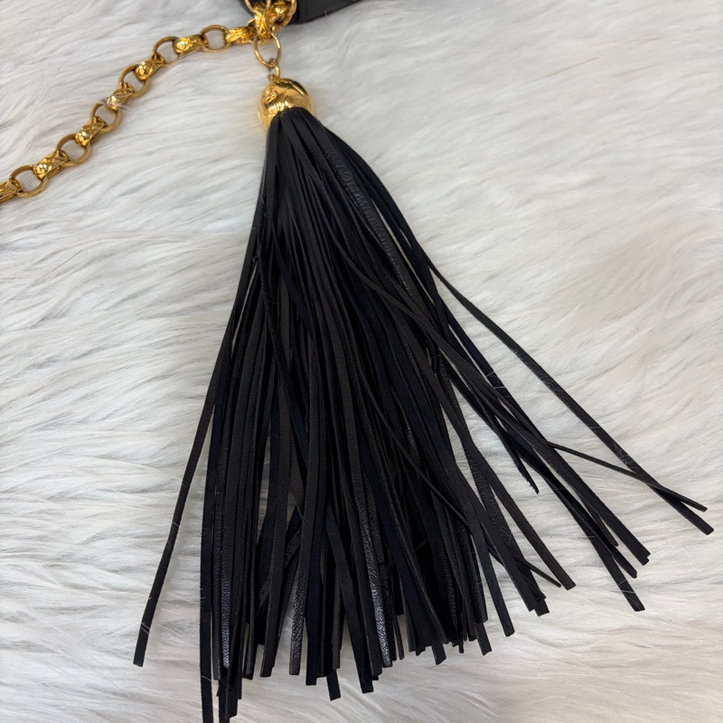 CHANEL 黑羊皮 金球 雕花鍊 流蘇 方包 相機包 斜背包 前口袋 老香 vintage-34