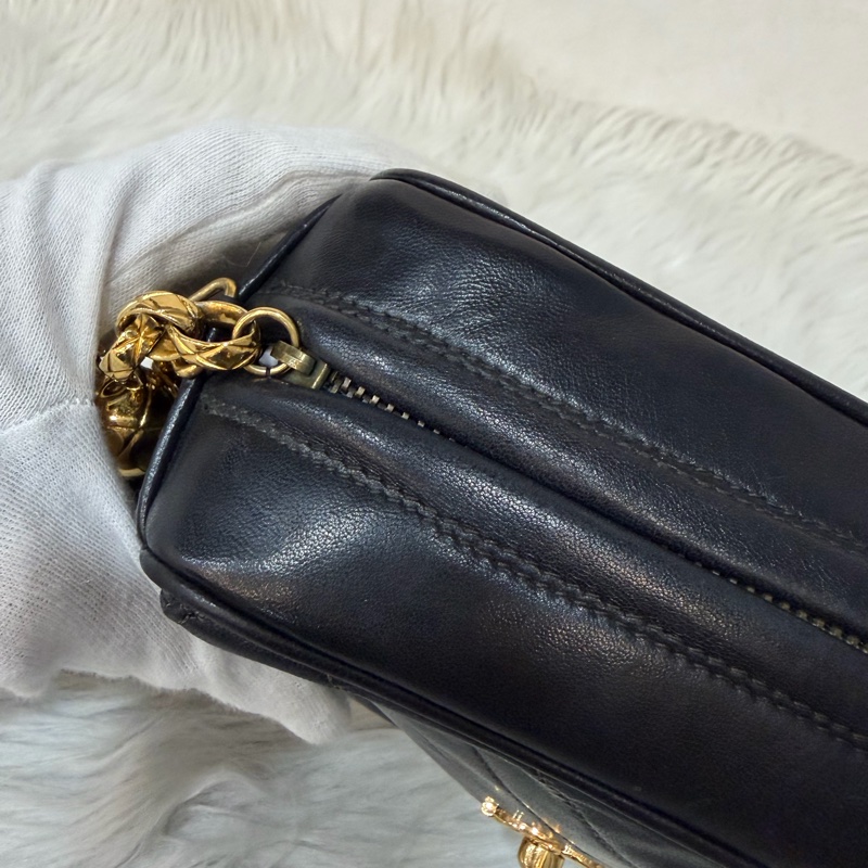 CHANEL 黑羊皮 金球 雕花鍊 流蘇 方包 相機包 斜背包 前口袋 老香 vintage-39