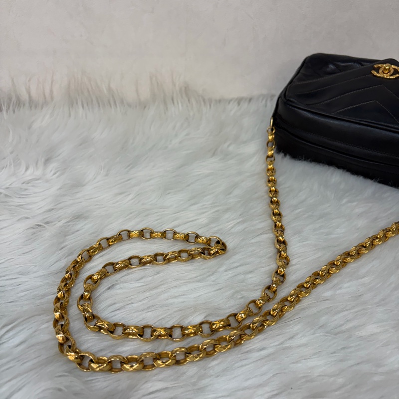 CHANEL 黑羊皮 金球 雕花鍊 流蘇 方包 相機包 斜背包 前口袋 老香 vintage-82