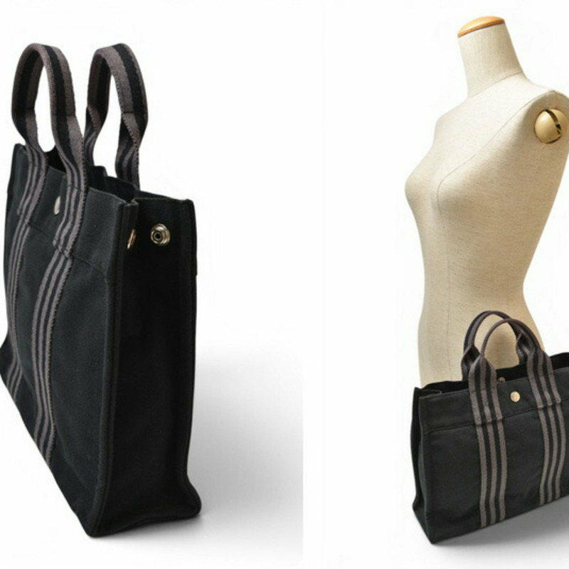 Hermes 手提包，HERMES Fourre-Tout PM，手提包，帆布，黑色，灰色-2