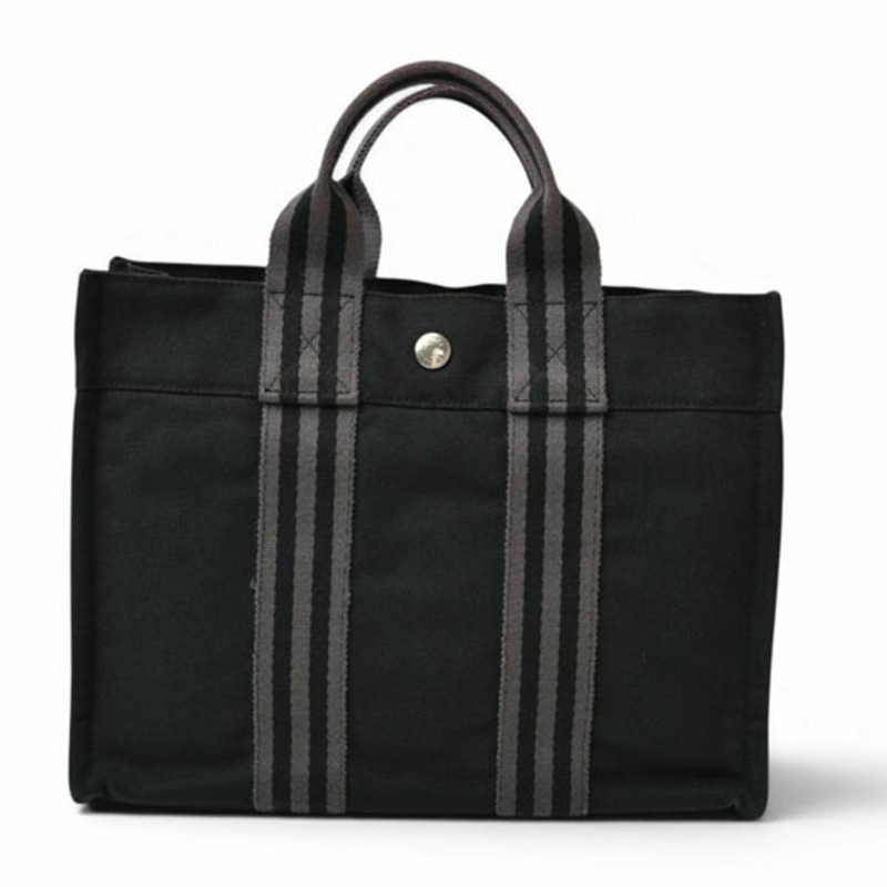 Hermes 手提包，HERMES Fourre-Tout PM，手提包，帆布，黑色，灰色-4