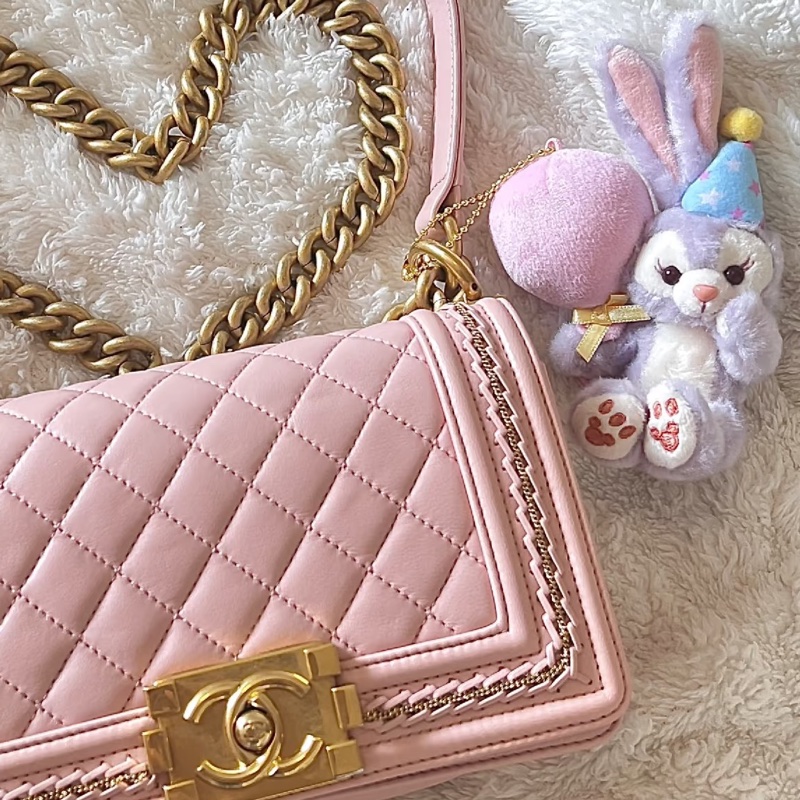 CHANEL香奈兒Leboy25中號櫻花粉限量宮庭編織滾邊款-9