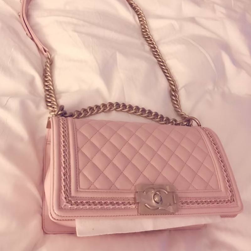 CHANEL香奈兒Leboy25中號櫻花粉限量宮庭編織滾邊款-10