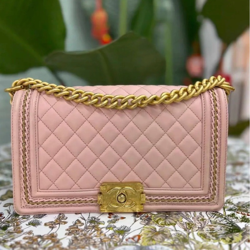 CHANEL香奈兒Leboy25中號櫻花粉限量宮庭編織滾邊款-20