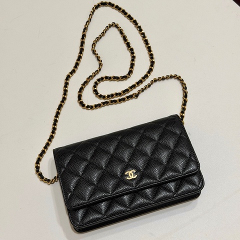 914intheair『台灣全新晶片版大全配』Chanel 香奈兒經典CF黑金荔枝牛皮Woc 發財包