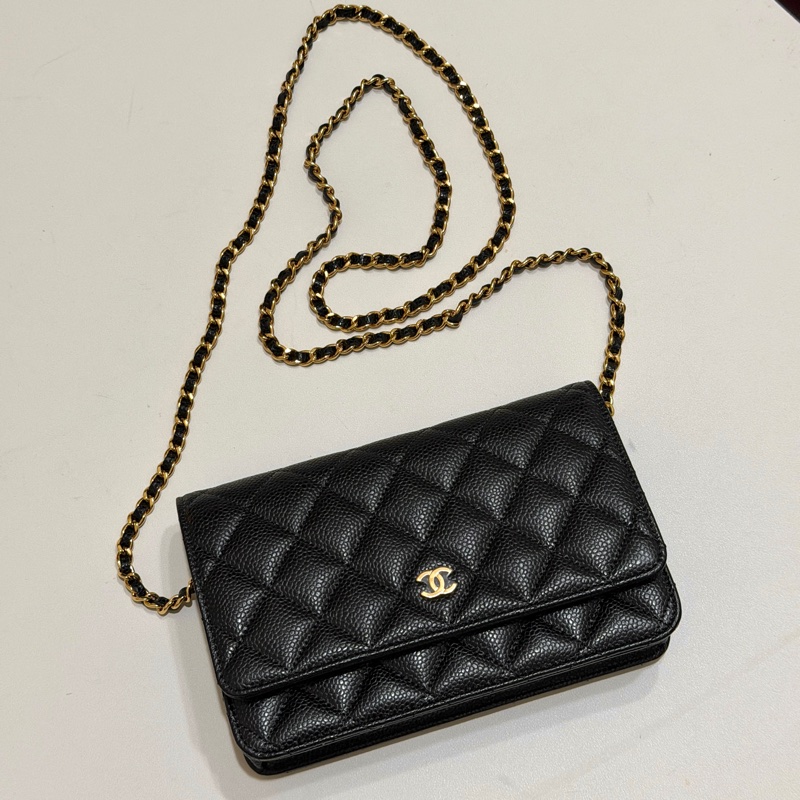 914intheair『台灣全新晶片版大全配』Chanel 香奈兒經典CF黑金荔枝牛皮Woc 發財包-0