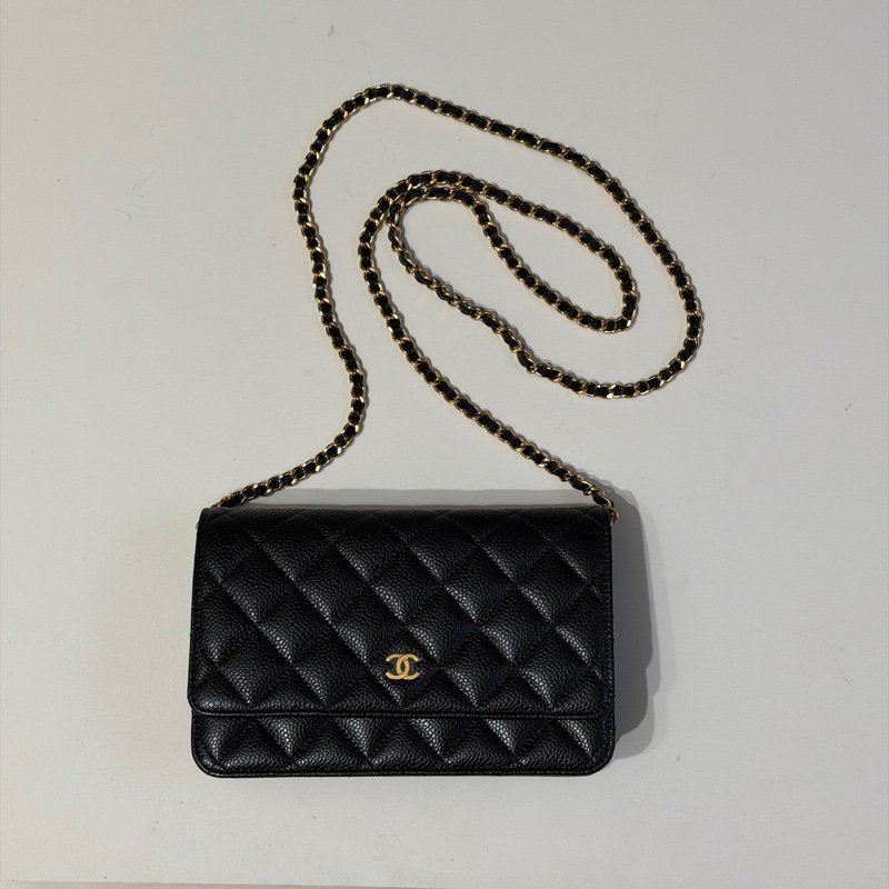 914intheair『台灣全新晶片版大全配』Chanel 香奈兒經典CF黑金荔枝牛皮Woc 發財包-6