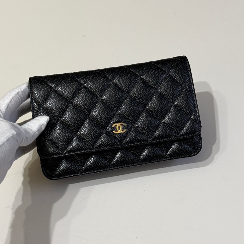 914intheair『台灣全新晶片版大全配』Chanel 香奈兒經典CF黑金荔枝牛皮Woc 發財包-8