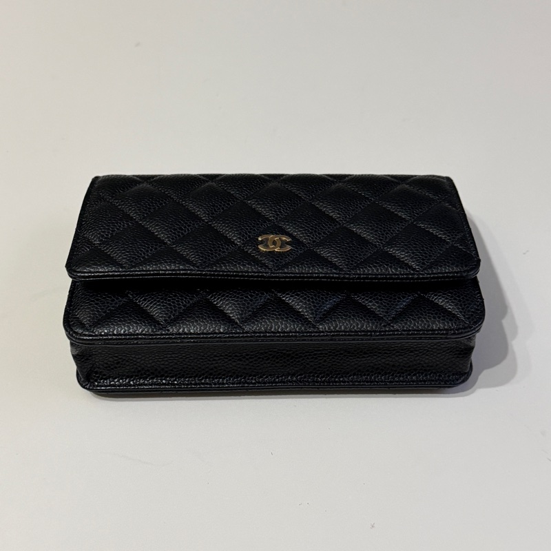 914intheair『台灣全新晶片版大全配』Chanel 香奈兒經典CF黑金荔枝牛皮Woc 發財包-9