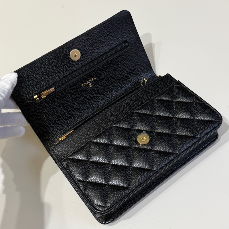 914intheair『台灣全新晶片版大全配』Chanel 香奈兒經典CF黑金荔枝牛皮Woc 發財包-12