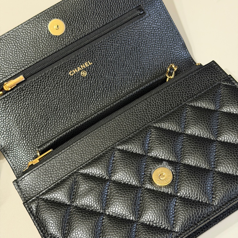 914intheair『台灣全新晶片版大全配』Chanel 香奈兒經典CF黑金荔枝牛皮Woc 發財包-15