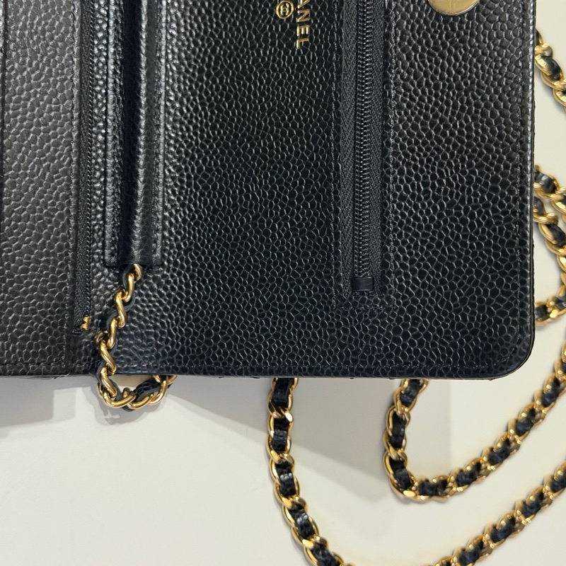 914intheair『台灣全新晶片版大全配』Chanel 香奈兒經典CF黑金荔枝牛皮Woc 發財包-20