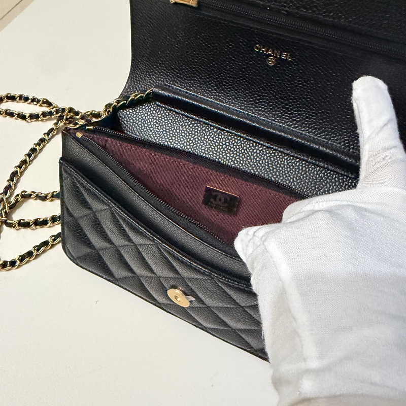 914intheair『台灣全新晶片版大全配』Chanel 香奈兒經典CF黑金荔枝牛皮Woc 發財包-27