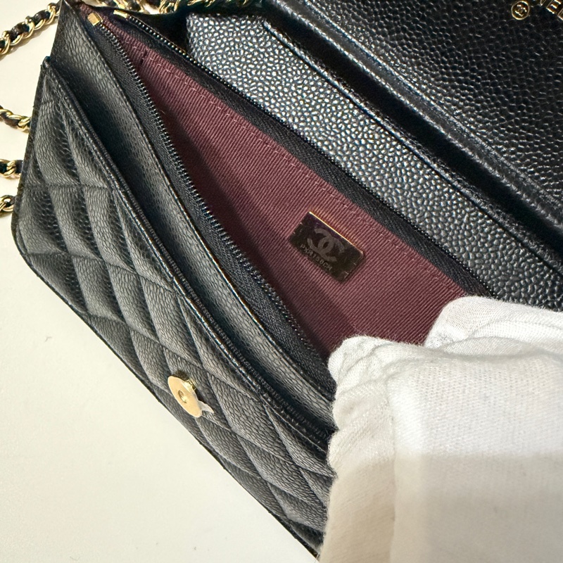 914intheair『台灣全新晶片版大全配』Chanel 香奈兒經典CF黑金荔枝牛皮Woc 發財包-28