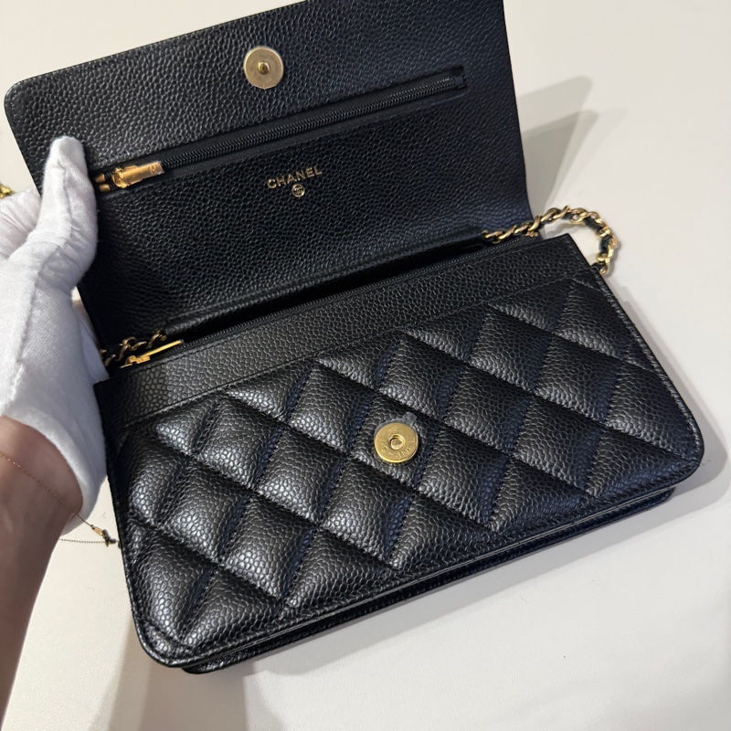 914intheair『台灣全新晶片版大全配』Chanel 香奈兒經典CF黑金荔枝牛皮Woc 發財包-32