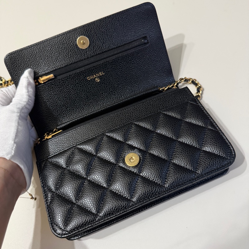 914intheair『台灣全新晶片版大全配』Chanel 香奈兒經典CF黑金荔枝牛皮Woc 發財包-33