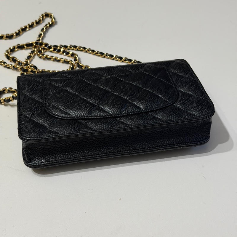 914intheair『台灣全新晶片版大全配』Chanel 香奈兒經典CF黑金荔枝牛皮Woc 發財包-34