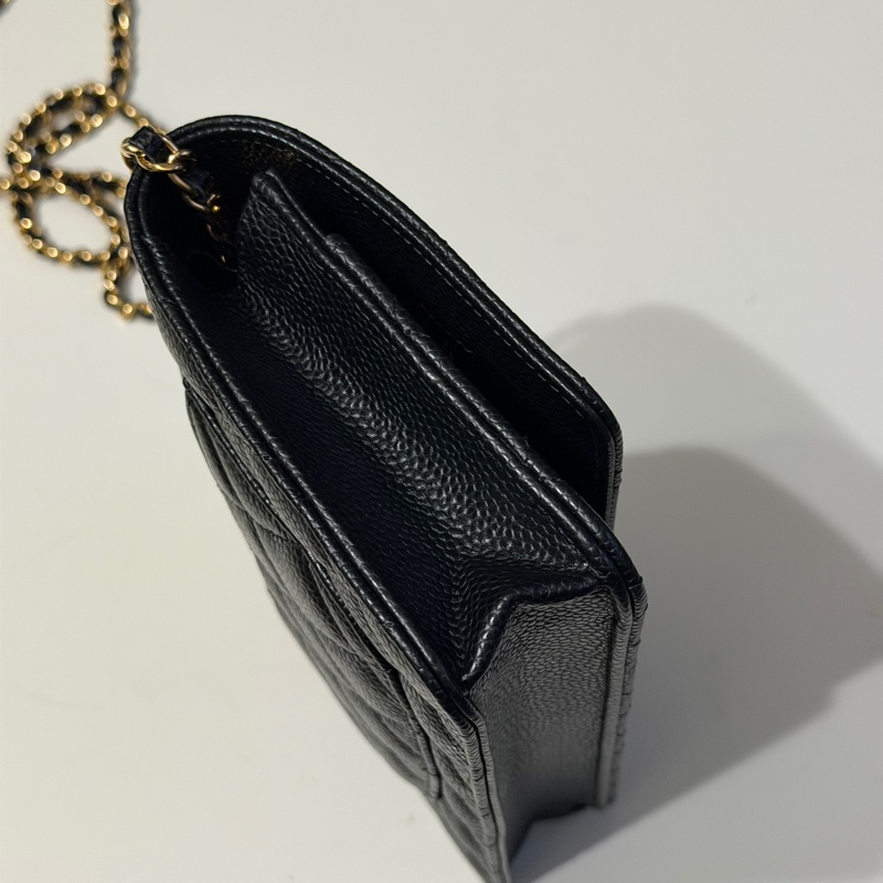 914intheair『台灣全新晶片版大全配』Chanel 香奈兒經典CF黑金荔枝牛皮Woc 發財包-40