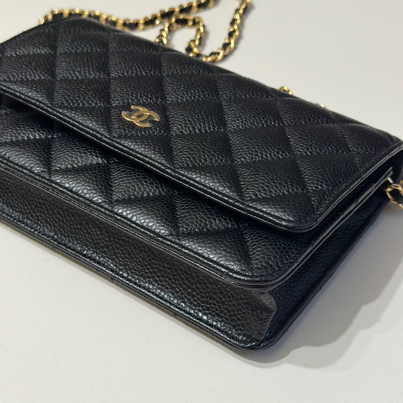 914intheair『台灣全新晶片版大全配』Chanel 香奈兒經典CF黑金荔枝牛皮Woc 發財包-42