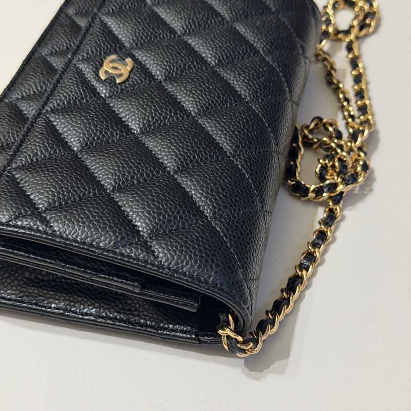 914intheair『台灣全新晶片版大全配』Chanel 香奈兒經典CF黑金荔枝牛皮Woc 發財包-43