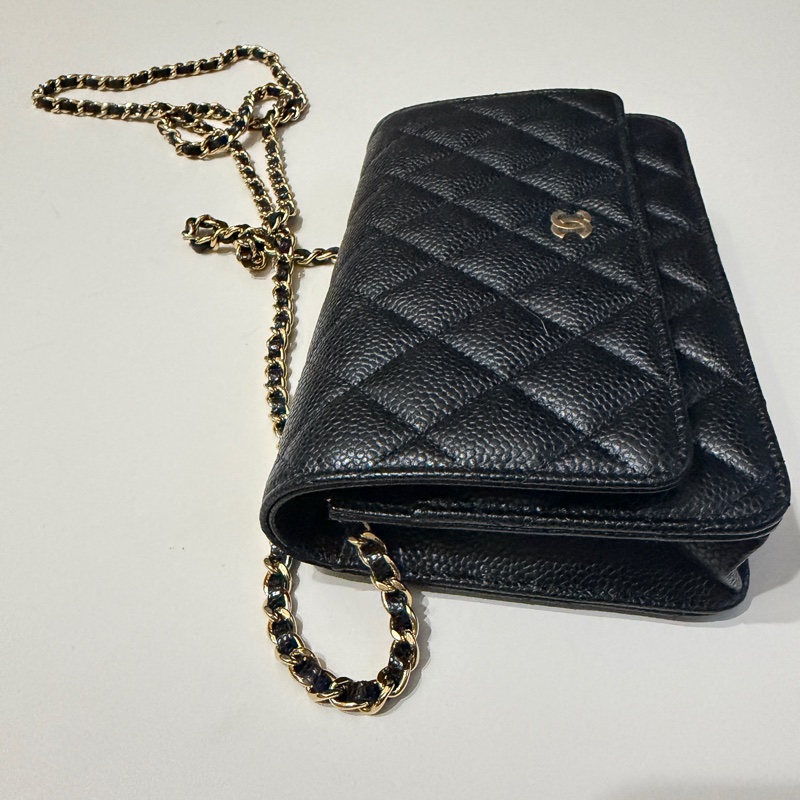 914intheair『台灣全新晶片版大全配』Chanel 香奈兒經典CF黑金荔枝牛皮Woc 發財包-44