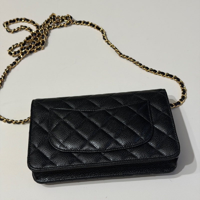 914intheair『台灣全新晶片版大全配』Chanel 香奈兒經典CF黑金荔枝牛皮Woc 發財包-45