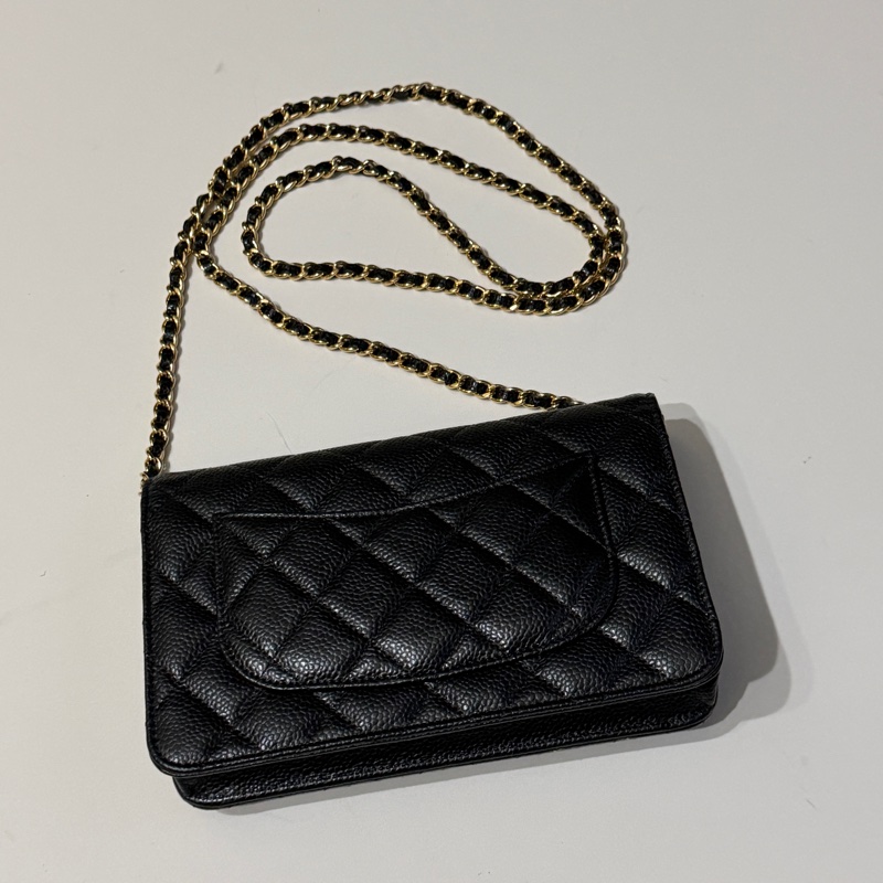 914intheair『台灣全新晶片版大全配』Chanel 香奈兒經典CF黑金荔枝牛皮Woc 發財包-49