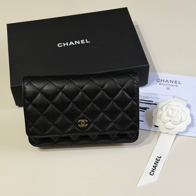 914intheair『台灣全新晶片版大全配』Chanel 香奈兒經典CF黑金荔枝牛皮Woc 發財包-50