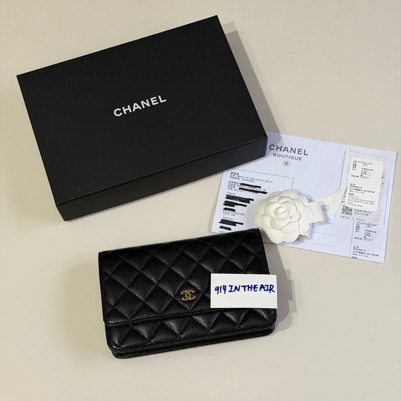 914intheair『台灣全新晶片版大全配』Chanel 香奈兒經典CF黑金荔枝牛皮Woc 發財包-51