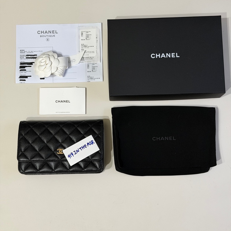 914intheair『台灣全新晶片版大全配』Chanel 香奈兒經典CF黑金荔枝牛皮Woc 發財包-52