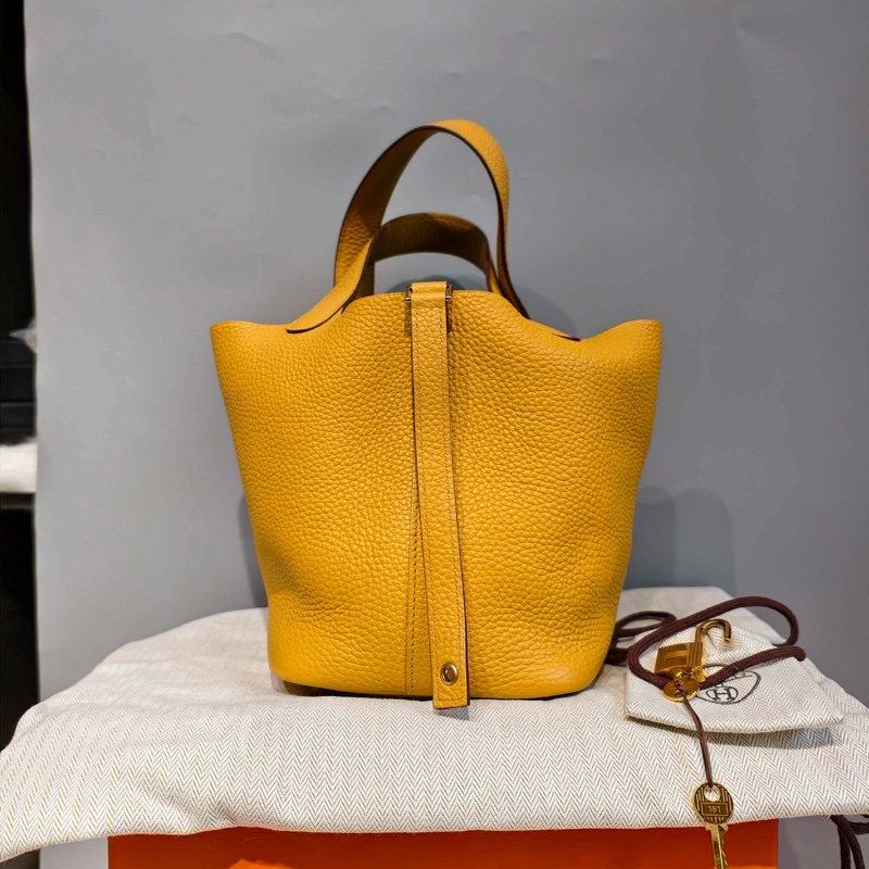 Hermès愛馬仕 琥珀黃 y刻18金扣菜籃子配件 鎖鑰匙 塵袋-1