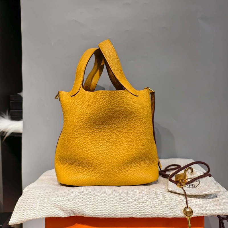 Hermès愛馬仕 琥珀黃 y刻18金扣菜籃子配件 鎖鑰匙 塵袋-2