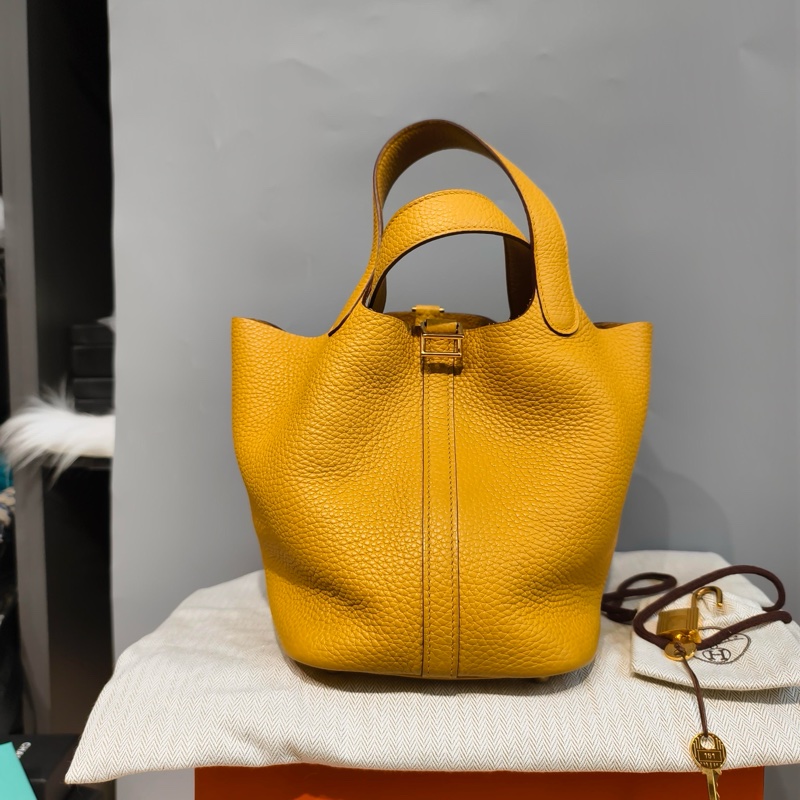 Hermès愛馬仕 琥珀黃 y刻18金扣菜籃子配件 鎖鑰匙 塵袋-3