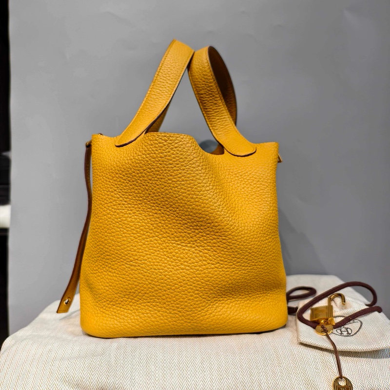 Hermès愛馬仕 琥珀黃 y刻18金扣菜籃子配件 鎖鑰匙 塵袋-4