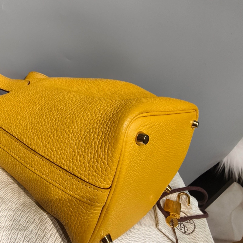 Hermès愛馬仕 琥珀黃 y刻18金扣菜籃子配件 鎖鑰匙 塵袋-6