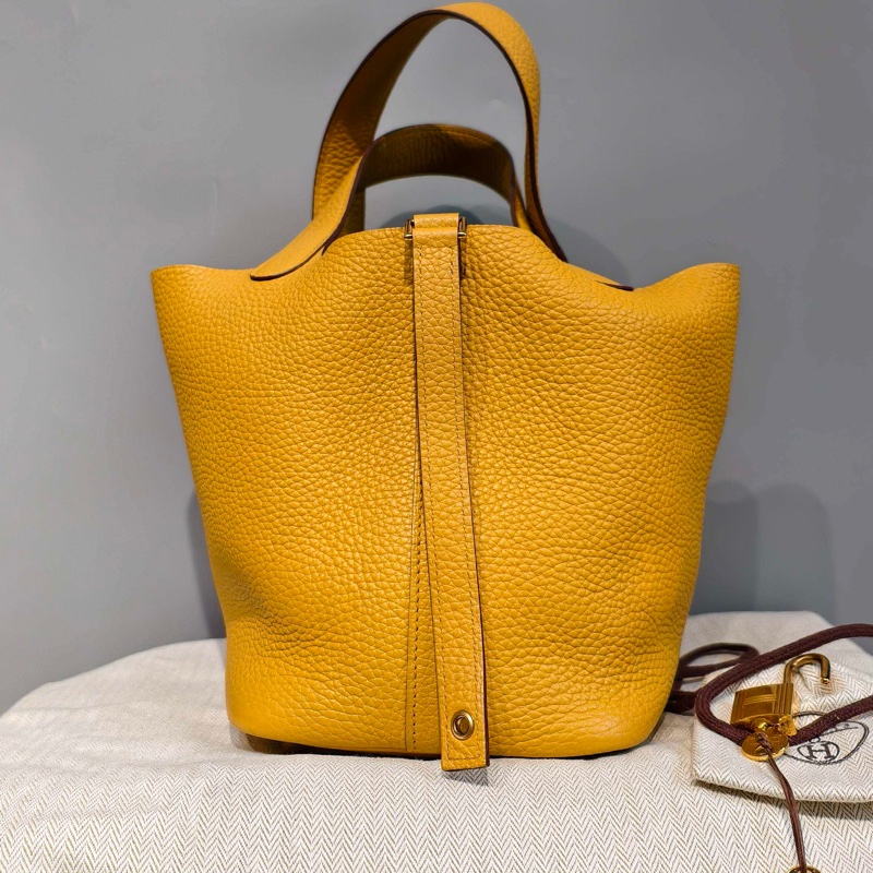 Hermès愛馬仕 琥珀黃 y刻18金扣菜籃子配件 鎖鑰匙 塵袋-9