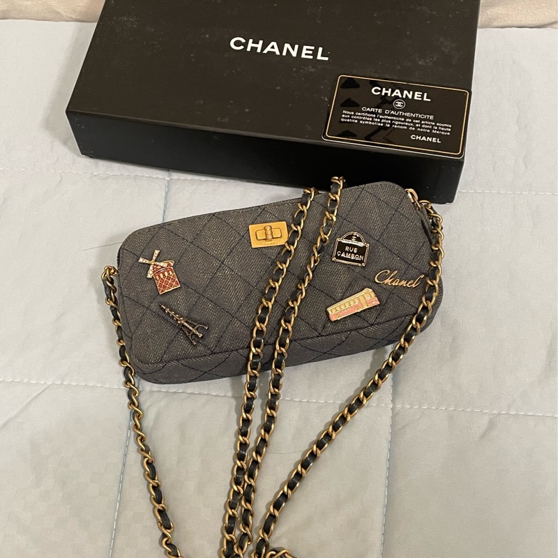 Chanel香奈兒2.55復古徽章牛仔牛皮金鏈包 手機包 長夾 皮夾-0