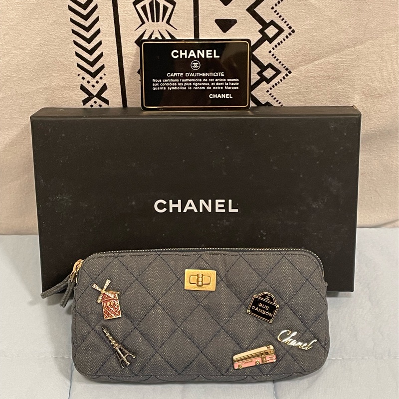 Chanel香奈兒2.55復古徽章牛仔牛皮金鏈包 手機包 長夾 皮夾-1